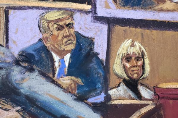 Columnist E. Jean Carroll watches as Joe Tacopina, lawyer of former U.S. President Do<em></em>nald Trump, 
