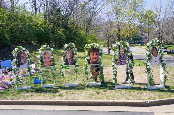 Six photo memorials one for each of the six killed when a 28 year old former student opened fire at the school on March 27 are placed at the main entrance of The Covenant School to ho<em></em>nor them.