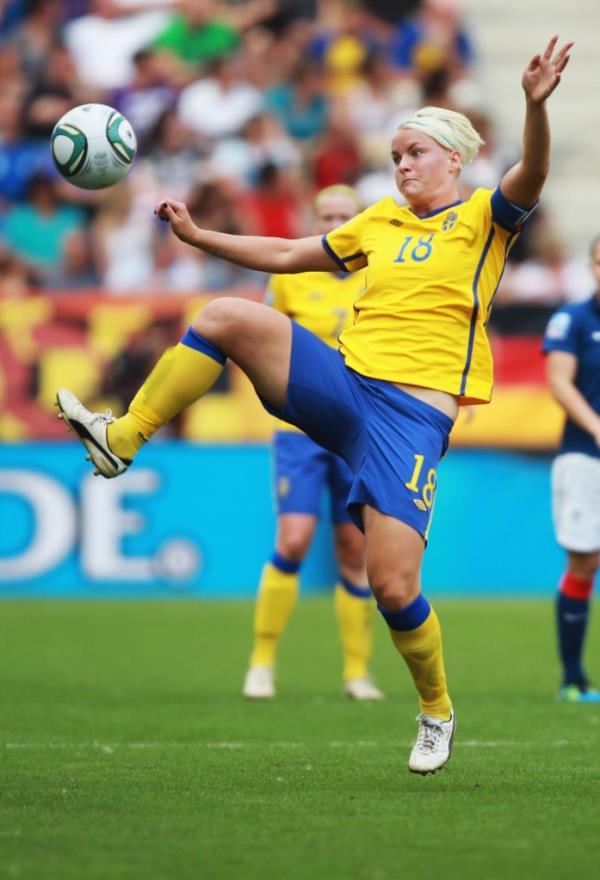 Former Swedish women's natio<em></em>nal soccer team captain Nilla Fischer in action
