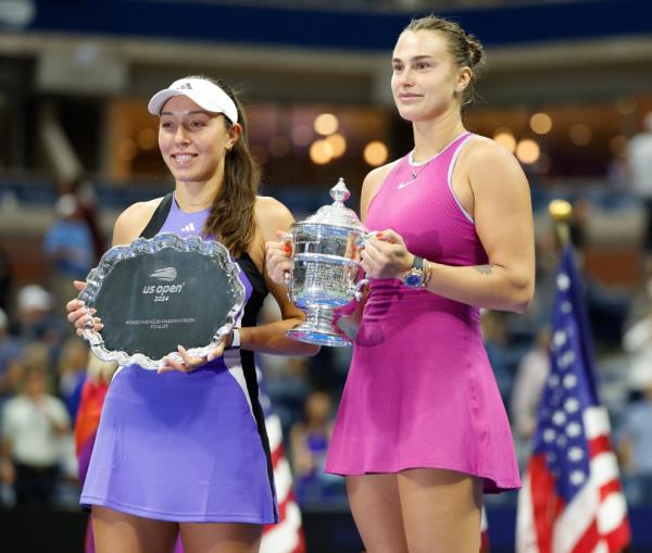 Jessica Pegula (left) lost 7-5, 7-5 to Aryna Salabenka (right) in the U.S. Open final on Sept. 7, 2024.