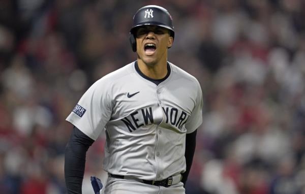 Juan Soto lets out a celebratory yell after hitting the game-winning three-run homer in the Yankees' 5-2 ALCS-clinching win over the Guardians on Oct. 19, 2024.