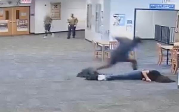 Student Brendan Depa during his vicious attack on teacher Joan Naydich in February.