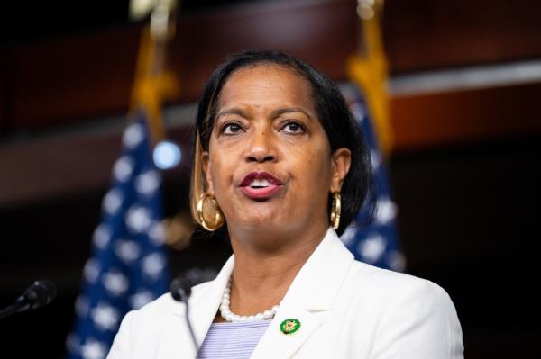 Rep. Jahana Hayes, D-Conn., speaks during the House Democrats' post-caucus meeting news co<em></em>nference in the Capitol on Wednesday, September 18, 2024.