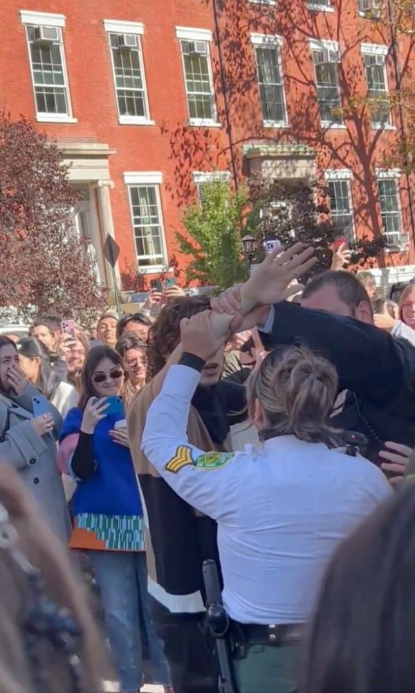 At least one shaggy-haired Chalamet doppelganger was handcuffed by cops as the crowd yelled, 