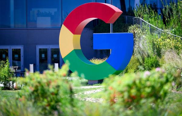 Large Google logo at their Bay View campus, Mountain View, California, with reference to a significant lawsuit relating to user data privacy issues in 2024.