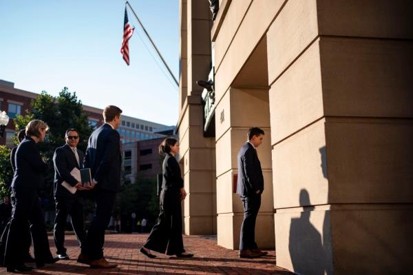 People lining up outside U.S. District Court in Alexandria, Virginia for the Department of Justice's antitrust trial against Google on September 9, 2024