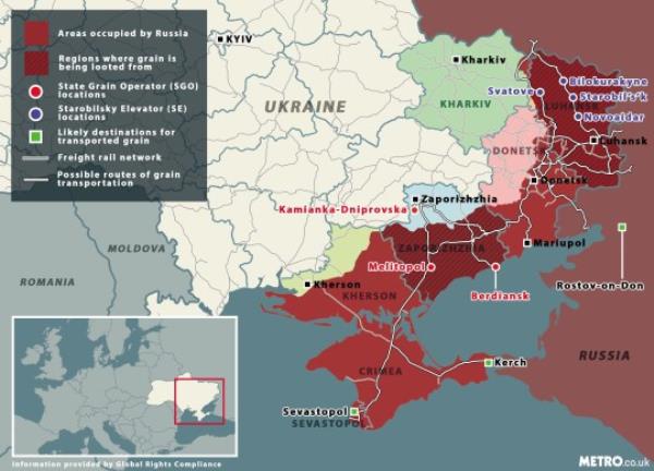 A map showing Russia's $1 billion-a-year grain pillage plan to fund invasion of Ukraine.