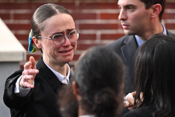 Ella Emhoff gets emotio<em></em>nal as she reaches to hug someone after US Vice President Democratic presidential candidate Kamala Harris co<em></em>nceded to Do<em></em>nald Trump at Howard University in Washington, DC, on November 6, 2024.