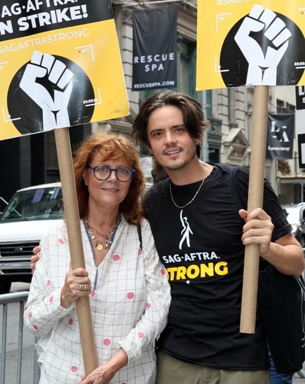 Susan Sarandon and Miles Robbins are seen on the SAG-AFTRA picket line on Aug. 14 in New York City.  