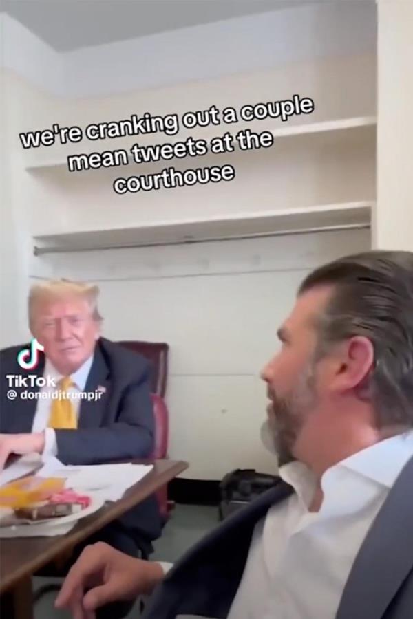 Do<em></em>nald Trump Jr. revealed the private room wher<em></em>e he and his father are waiting for the verdict in his Manhattan hush mo<em></em>ney trial.