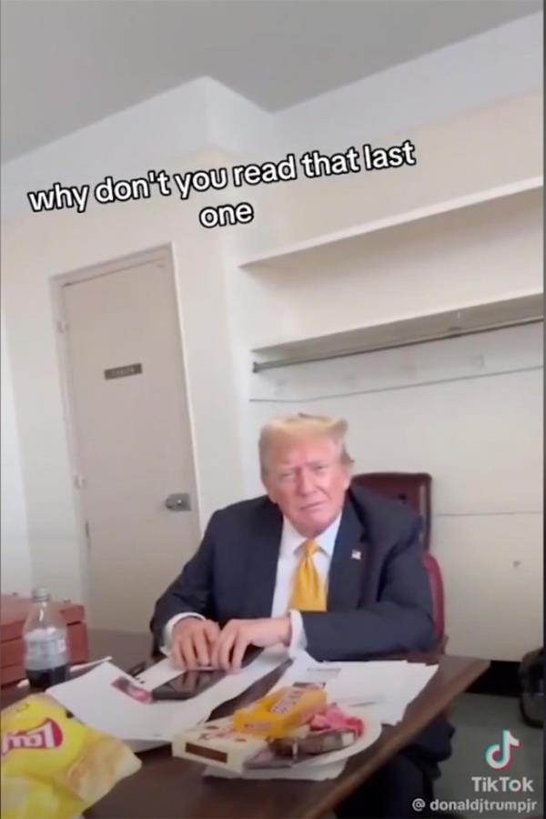 Trump had a table full of snacks including Lays potato chips and Milk Dud candies.