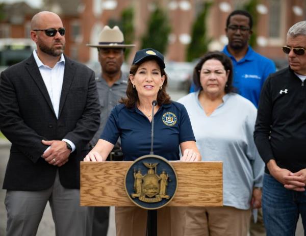 Hochul speaks to reporters a<em></em>bout the severe storms on July 17.