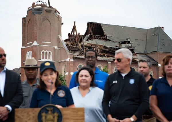 Gov. Hochul discussing the recent weather events upstate at a recent press conference.