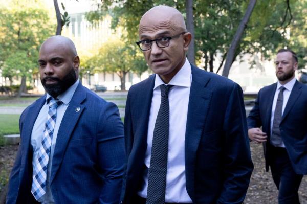 Microsoft CEO Satya Nadella arrives to testify at the Google antitrust case, outside the E. Barrett Prettyman United States Courthouse in Washington, DC, on Oct. 2, 2023. 