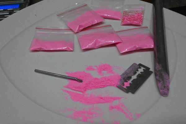 Bags co<em></em>ntaining a powder known as Tussi or pink cocaine are pictured in Medellin, Colombia, on April 2, 2022. 