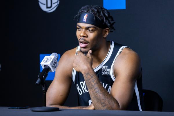 Nets center Day'Ron Sharpe speaks to the media during Media Day