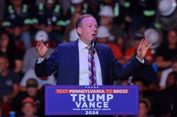 Lee Zeldin, former U.S. Representative, speaking at Do<em></em>nald Trump's presidential campaign rally in Indiana, Pennsylvania on September 23, 2024