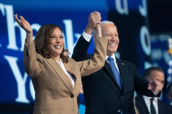 Vice President Kamala Harris and President Joe Biden after President Biden's speech the first night of the Democratic Natio<em></em>nal Convention.