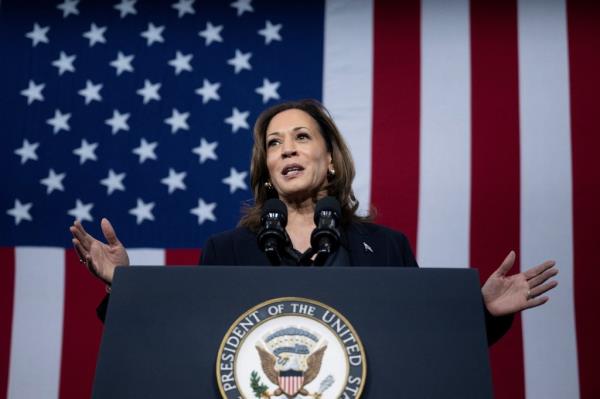 US Vice President Kamala Harris speaking at a podium with micropho<em></em>nes and a flag behind her at the Redford Fire Department, Michigan.