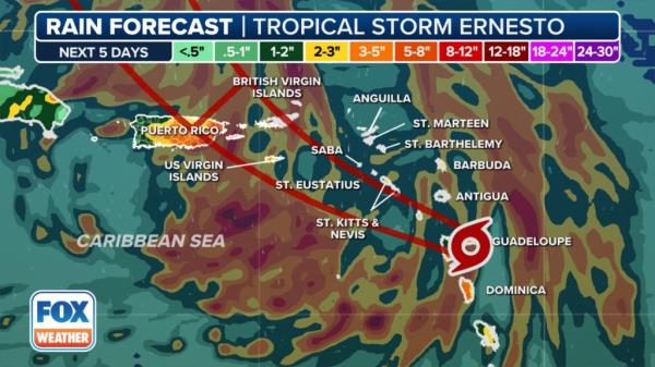 the NHC said gradual strengthening is expected over the next few days, and Ernesto could reach hurricane strength by Thursday over the waters north of the Greater Antilles.