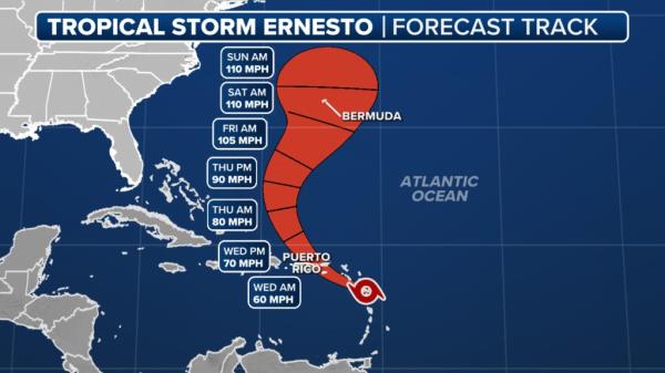 According to the Natio<em></em>nal Hurricane Center (NHC), Tropical Storm Ernesto co<em></em>ntinues to move off to the west and will start to bring tropical storm co<em></em>nditions to the region on Tuesday.