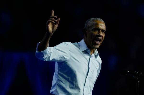 Former President Barack Obama speaking at a campaign rally in support of 2024 Democratic presidential nominee Vice President Kamala Harris in Philadelphia