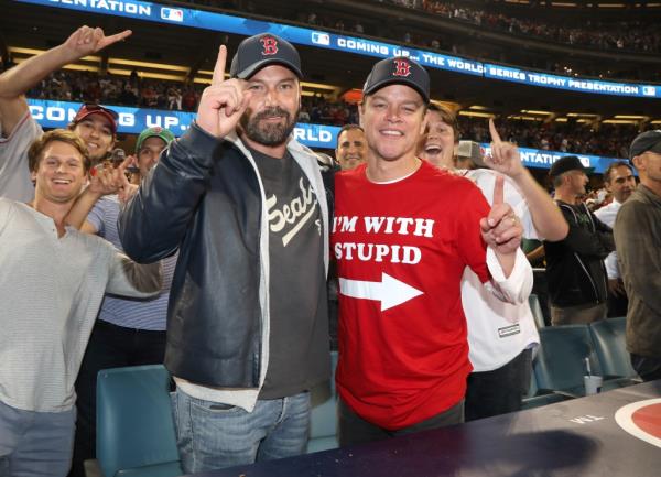Ben Affleck and Matt Damon attend the 2018 World Series Boston Red Sox v Los Angeles Dodgers game five at Dodger Stadium on October 28, 2018 in Los Angeles, California. 