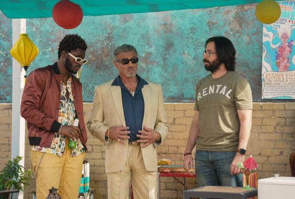 Jay Will (left) Sylvester Stallone and Martin Starr in a Season 1 episode of 