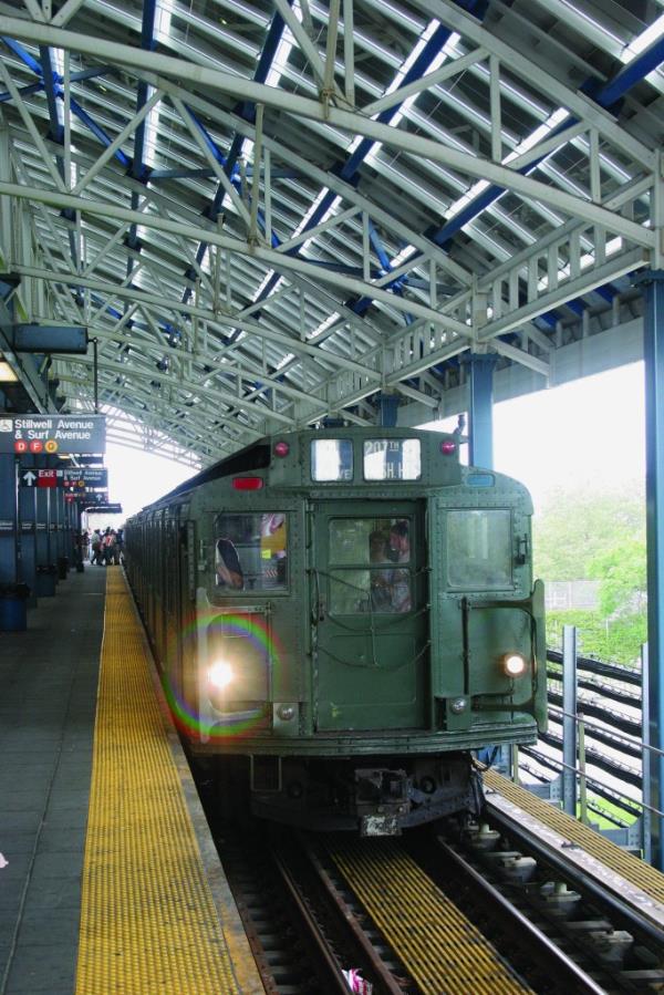 A cut of classic IND original subway cars are ready to go at the Stillwell Ave platform in Co<em></em>ney Island