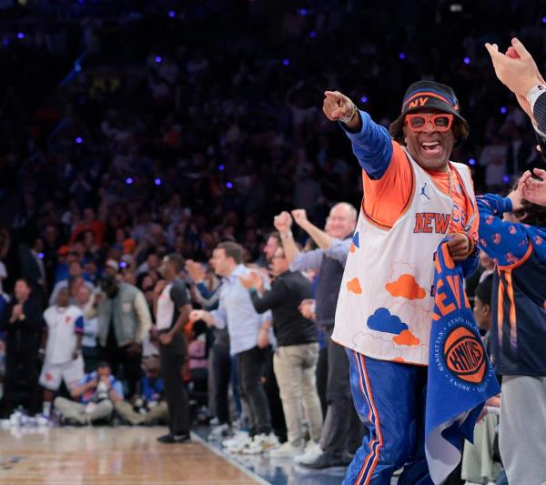 Spike Lee reacts court side during the fourth quarter. The New York Knicks defeat the Indiana Pacers 121-91.