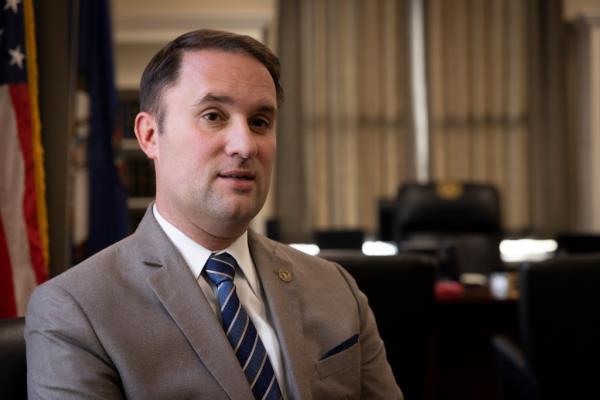 The newly sworn-in Attorney General of Virginia, Jason Miyares sits in his office January 19, 2022 in Richmond, Virginia