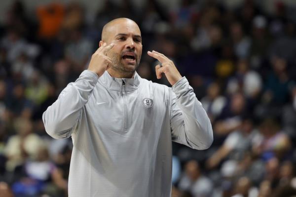 Brooklyn Nets head coach Jordi Fernandez reacts during the first half of a preseason NBA basketball game against the Los Angeles Clippers, Tuesday, Oct. 8, 2024, in Oceanside, Calif. 