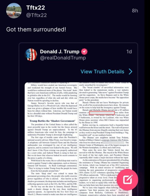 Do<em></em>nald Trump Truth Social post co<em></em>ntaining Barack Obama's address