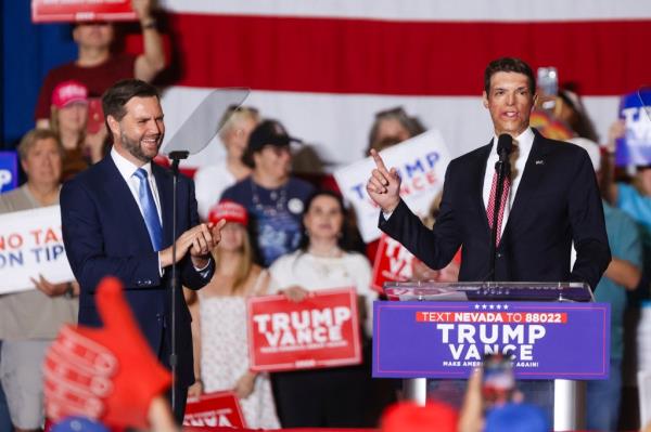 Nevada GOP senate candidate Sam Brown on stage with vice presidential candidate Sen. JD Vance at a rally in Henderson on July 30, 2024.