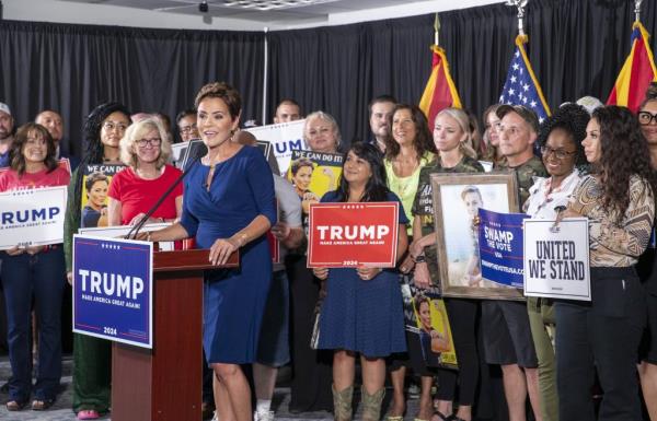 Arizona Republican gubernatorial candidate Kari Lake speaking at a Trump campaign event in Chandler on Aug. 8, 2024. Lake is trailing Democrat Ruben Gallego in the race, according to recent polls.