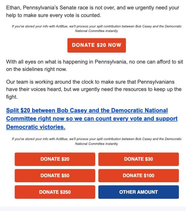 Bob Casey email soliciting donations