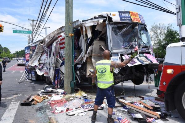 An RV known for being decorated in Do<em></em>nald Trump posters crashed into a pole in Staten Island on Sunday.