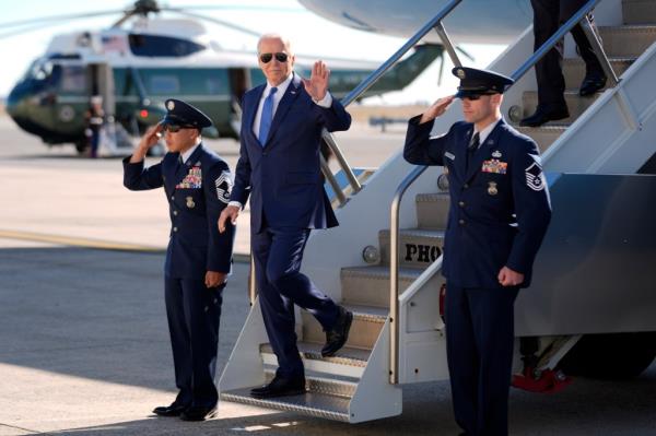 President Joe Biden arrives at John F. Kennedy Internatio<em></em>nal Airport in New York to travel to Manhattan to attend fundraisers.