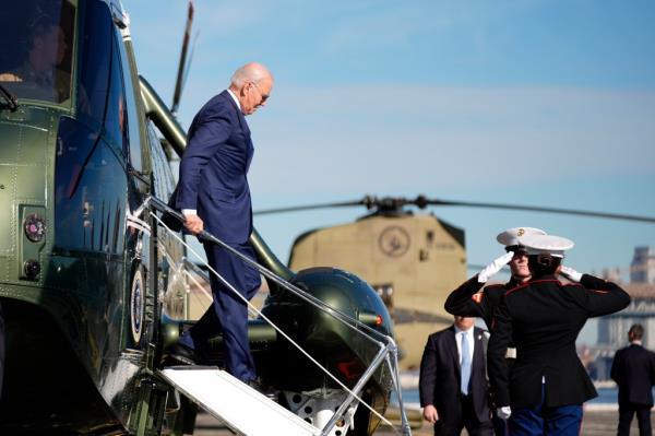 President Joe Biden walking down from Marine One helicopter in New York City for a fundraiser event on February 7, 2024.