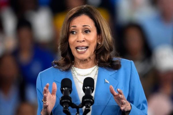 Vice President Kamala Harris speaking at a campaign event in Raleigh, N.C., 2024