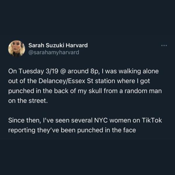 Harvard, 29, is the latest woman to claim she was randomly attacked in Manhattan.