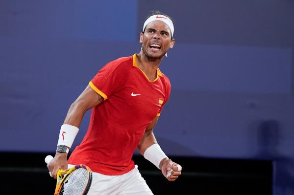 Rafael Nadal of Spain celebrates a point during the Tennis Men's Double Quarterfinal on day five of the Olympic Games Paris 2024 at Roland Garros on July 31, 2024 in Paris, France.