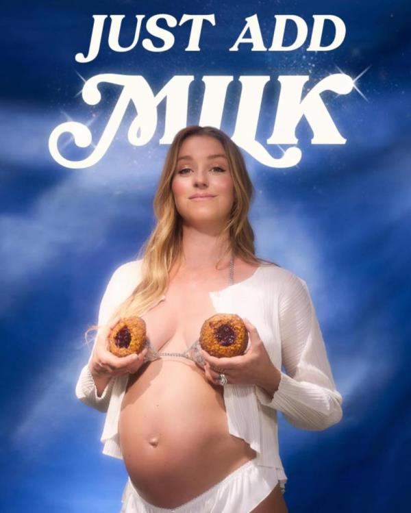 An ad with a pregnant woman covering her breasts with oatmeal coo<em></em>kies standing below the text 