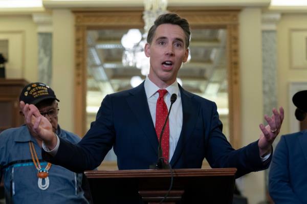 Sen. Josh Hawley, R-Mo., speaks a<em></em>bout the Radiation Exposure Compensation Act during a news co<em></em>nference on Capitol Hill in Washington, Tuesday, Sept. 24, 2024. (AP Photo/Jose Luis Magana)