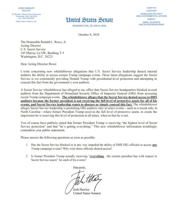 Senator Josh Hawley letter to Secret Service Director Ro<em></em>nald Rowe