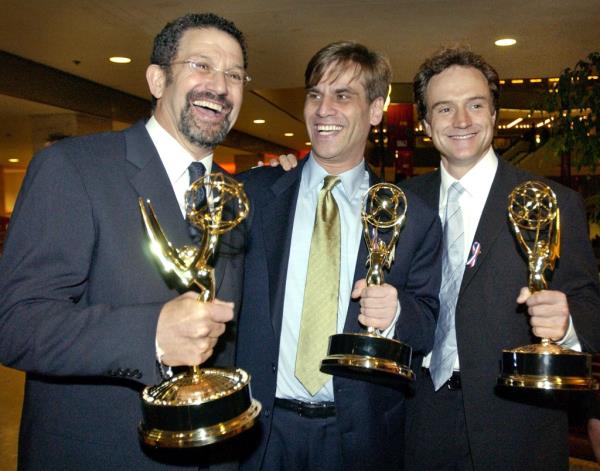 Thomas Schlamme, Aaron Sorkin and Bradley Whitford at the 2001 Emmy Awards