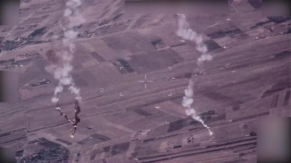 A Russian jet deploys flares in front of a US drone, according to the Air Force.