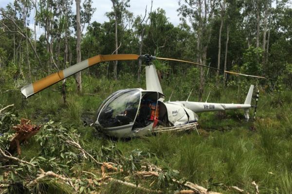 Crashed helicopter on ground