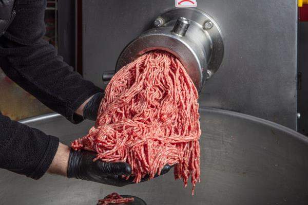 Meat grinder in action and ground beef meat