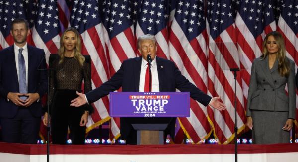 President-elect Do<em></em>nald Trump is accompanied by family members as he addresses supporters at his rally, at the Palm Beach County Co<em></em>nvention Center in Florida, on Nov. 6, 2024. 